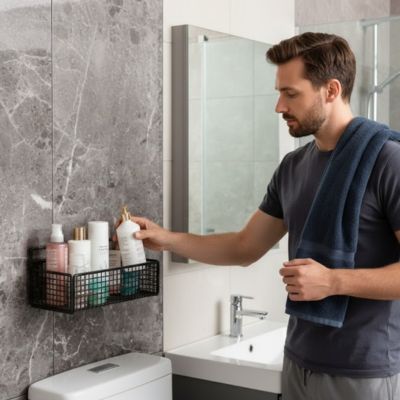 homme-prend-gel-douche-dans-etagere-salle-de-bain