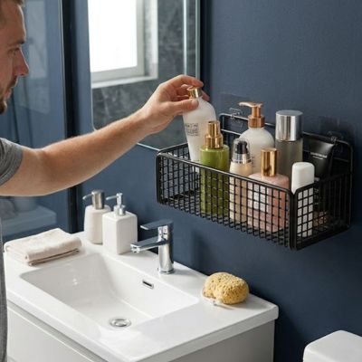 homme-amenage-etagere-salle-de-bain